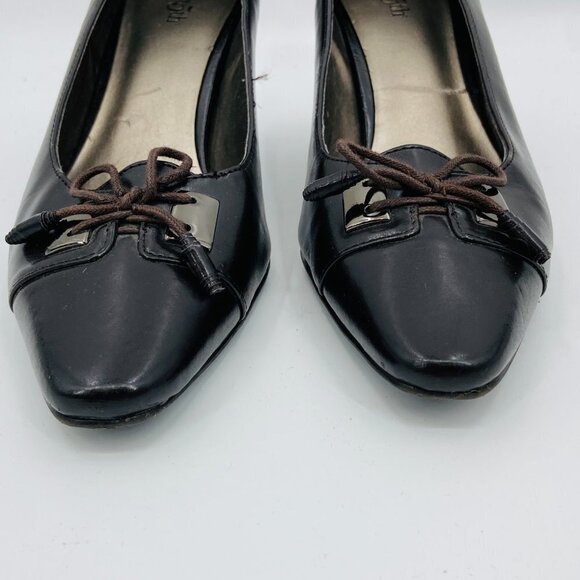 EAST 5TH Vintage Brown Leather Pointed Toe Gold Detail Tie Short Heel Shoes - Picture 5 of 8